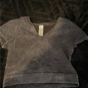 Gray V-Neck Ribbed Women's Top